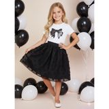 Dıgıl Kids Kız Çocuk Kurdele ve Çiçek Desenli T-Shirt Etek Takım - Siyah - Beyaz - 9 - 10 Yaş
