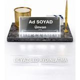 Digital Hayat Kişiye Özel Işıklı Masa Isimliği Mermer LED Ofis Ayna/cam Isimlik Şarjlı Beyaz/gün Işığı - Gri Tundra Mermer