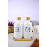 Digithome 2’li Ahşap Standlı Cam Sıvı Sabun ve Bulaşık Deterjanı Şişesi Sabunluk Beyaz 500 Ml - G/13