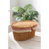 Digithome Kapaklı Rattan Vintage Dantelli Oval Piknik Sepeti -9T13 U/5