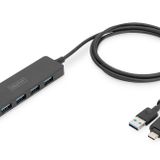 DIGITUS USB Hub - 4 Bağlantı Noktası - USB 3.0-4x USB-A - 1x USB-C Güç Konektörü - 5 Gbit/s'ye Kadar - USB-A - USB-C Adaptörü Dahil - 1,2 m Kablo Uzunluğu - İnce Çizgi - Siyah
