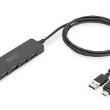 DIGITUS USB Hub - 4 Bağlantı Noktası - USB 3.0-4x USB-A - 1x USB-C Güç Konektörü - 5 Gbit/s'ye Kadar - USB-A - USB-C Adaptörü Dahil - 1,2 m Kablo Uzunluğu - İnce Çizgi - Siyah