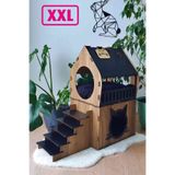 Digitus XXL Teraslı Dubleks Ahşap Kedi Evi | Büyük Demonte MDF Kedi Evi | 97x52x90 cm | Kemençe - Siyah