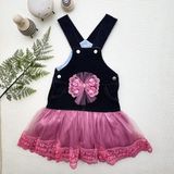 Diji Baby 2-3-4 Yaş Fiyonklu Düğme Detaylı Tül Etek Kot Kumaş Salopet Kız Çocuk Elbisesi - 3 Yaş - Siyah - Gül Kurusu
