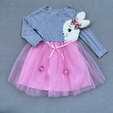 Diji Baby 5-6-7 Yaş Pelüş Tavşan Desenli Kurdela Kuşaklı Astarlı Kız Çocuk Tütü Elbise - 5 Yaş - Pembe