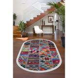 Dijidekor 9010 Patchwork Temalı Saçaklı Dijital Oval Halı Kaymaz Yıkanabilir Yolluk, Multi 140x200