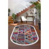 Dijidekor 9010 Patchwork Temalı Saçaklı Dijital Oval Halı Kaymaz Yıkanabilir Yolluk, Multi 60x300