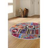 Dijidekor 9010 Patchwork Temalı Saçaksız Dijital Yuvarlak Halı Kaymaz Yıkanabilir, Lacivert, 130x130