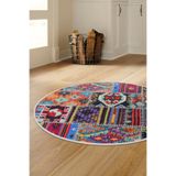 Dijidekor 9010 Patchwork Temalı Saçaksız Dijital Yuvarlak Halı Kaymaz Yıkanabilir, Lacivert, 200x200