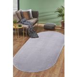 DijiDekor Açık Gri Mürdüm Oval Post Dokuma Halı Peluş Tavşan Tüyü Hissi Antibakteriyel 100X150