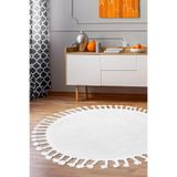 Dijidekor Beyaz Yuvarlak Post Dokuma Halı Saçaklı Peluş 150x150