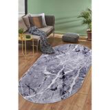 Dijidekor Granit Gri Saçaksız Dijital Oval Halı Kaymaz Yıkanabilir Dekoratif Yolluk, 80x650
