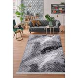 Dijidekor Halı Antrasit Cool Karo Yıkanabilir Saçaklı Kesme Ince Yolluk Kilim Salon Halısı Modeli, Gri, 140x200