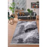 Dijidekor Halı Antrasit Cool Karo Yıkanabilir Saçaklı Kesme Ince Yolluk Kilim Salon Halısı Modeli, Gri, 200x290