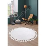 Dijidekor Halı Beyaz Cool Bohem Desenlidesenli Yıkanabilir Saçaklı Yuvarlak Yolluk Salon Halısı, BEYAZ-YUVARLAK-SAÇAKLI, 120x120
