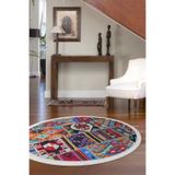 Dijidekor Halı Çok Renkli 9010 Saçaklı Yuvarlak Kesme Ince Yolluk Kilim Salon Halısı Modelleri, Multi 200x200
