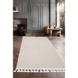 Dijidekor Halı Cool Krem Pramit Yıkanabilir Saçaklı Kesme Ince Yolluk Kilim Salon Halısı Modelleri, Ekru, 140x200