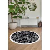 Dijidekor Halı Siyah Cool K1320 Saçaklı Yuvarlak Kesme Ince Yolluk Kilim Salon Halısı Modelleri, 160x160