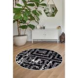Dijidekor Halı Siyah Cool K1320 Yıkanabilir Yuvarlak Kesme Ince Yolluk Kilim Salon Halısı Modelleri, Saçaksız, 80x80