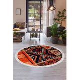 Dijidekor K1300 Patchwork Saçaklı Dijital Yuvarlak Halı Kaymaz Yıkanabilir Mutfak Salon Halısı, Turuncu, 150x150