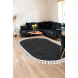 Dijidekor Koyu Gri Oval Post Dokuma Halı Saçaklı Peluş Yumuşacık Kaymaz Antibakteriyel, Antrasit 120x400