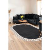 Dijidekor Koyu Gri Oval Post Dokuma Halı Saçaklı Peluş Yumuşacık Kaymaz Antibakteriyel, Antrasit 200x290