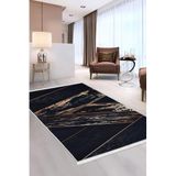 Dijidekor Siyah Gold Saçaklı Dijital Halı Kaymaz Yıkanabilir Yolluk, 140x200