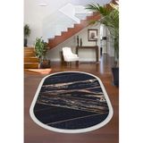 Dijidekor Siyah Gold Saçaklı Dijital Oval Halı Kaymaz Yıkanabilir Yolluk, 120x200