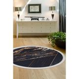 Dijidekor Siyah Gold Saçaklı Dijital Yuvarlak Halı Kaymaz Yıkanabilir 100x100, 80x80