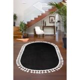 Dijidekor Siyah Oval Post Dokuma Halı Saçaklı Peluş Yumuşacık Kaymaz Antibakteriyel, 200x290