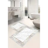 Dijital Baskı Klasik Çerçeveli Kaymaz Taban 2Li Set Banyo Paspası Klozet Takımı (50X60cm-60X100cm) Gri Tek Ebat