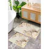 Dijital Baskı Krem Gül Desen Kaymaz Taban 2Li Set Banyo Paspası Klozet Takımı (50X60cm-60X100cm) Krem Tek Ebat