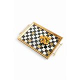 Dijital Baskılı Cam Servis Tepsisi – Dama Motifli, Metal Kulplu 46X28 Cm