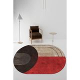 Dijital Baskılı Kaymaz Taban Yıkanabilir Kahve-kırmızı Salon Mutfak Oval Bej Halı-yolluk-d7091