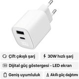 Dijital Göstergeli 30W Usb-C + Usb-A Gan Hızlı Şarj Adaptörü Seyahat Dostu, Ultra Güvenli - Beyaz