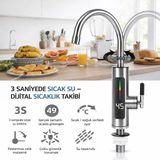 Dijital Göstergeli Anlık Su Isıtıcı Musluk, 3000W Elektrikli Sıcak Su Musluğu, 360 Derece Dönebilen Başlık, LED Ekran, Paslanmaz Çelik, Mutfak ve Lavabo için