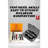 Dijital Göstergeli Powerbank Kulaklık ve 7 Kordonlu Yeni Nesil Akıllı Saat Amoled Ekran