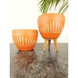 Dik Çizgi Desenli Terrakota Toprak Saksı - İkili Set - 15 Cm - Ayaksız