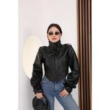 Dik Yaka Korse Detaylı Motorcu Crop Kadın Deri Ceket