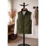 Dik Yaka Slim Fit 3 Cepli Softshell Erkek Yelek Su İtici Kumaş, Haki, 3XL