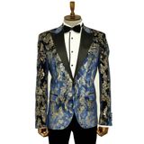 Dik Yaka Slim Fit Altın Desenli Lacivert Erkek Balo Ceket - Wessi