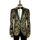 Dik Yaka Slim Fit Altın Desenli Siyah Erkek Balo Ceketi - Wessi