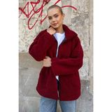 Dik Yakalı Cepli Oversize Kadın Peluş Mont - Bordo - 2XL
