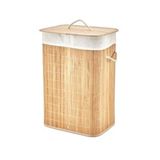 DİKDÖRTGEN BAMBU AHŞAP KİRLİ ÇAMAŞIR SEPETİ 40X30X60CM SEYYAR KAPAKLI İÇİ BEZLİ İP KULPLU (2818)