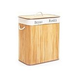 DİKDÖRTGEN İKİ BÖLMELİ İÇ BEZ BAMBU AHŞAP KİRLİ ÇAMAŞIR SEPETİ İP KULP 52X32X62CM (2818)