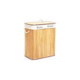 DİKDÖRTGEN İKİ BÖLMELİ İÇ BEZ BAMBU AHŞAP KİRLİ ÇAMAŞIR SEPETİ İP KULP 52X32X62CM (5440)