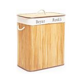 DİKDÖRTGEN İKİ BÖLMELİ İÇ BEZ BAMBU AHŞAP KİRLİ ÇAMAŞIR SEPETİ İP KULP 52X32X62CM (5477)