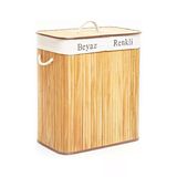 Dikdörtgen İki Bölmeli İç Bez Bambu Ahşap Kirli Çamaşır Sepeti İp Kulp 52X32x62cm Go53/00925