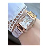 Dikdörtgen Taşlı Rose Gold Metal Kordon Kadın Kol Saati Rose