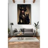 Dikey Kanvas Duvar Tablosu Tekli Salon Mutfak Yatak Odası Ofis Steampunk Dijital Kedili Kadın